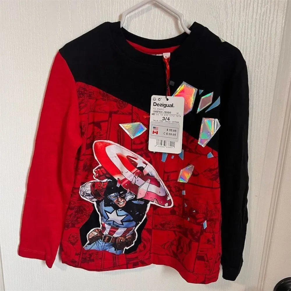 Desigual Kids Marvel Avengers Captain‎ America Long Sleeve T-Shirt Size 3/4 NWT